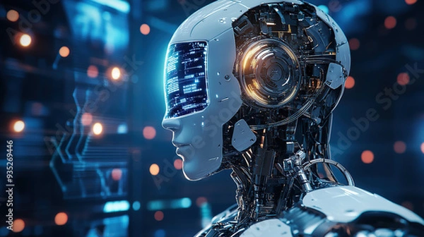Fototapeta 3D rendering of the head of an AI robot with glowing eyes and intricate circuitry visible in the background