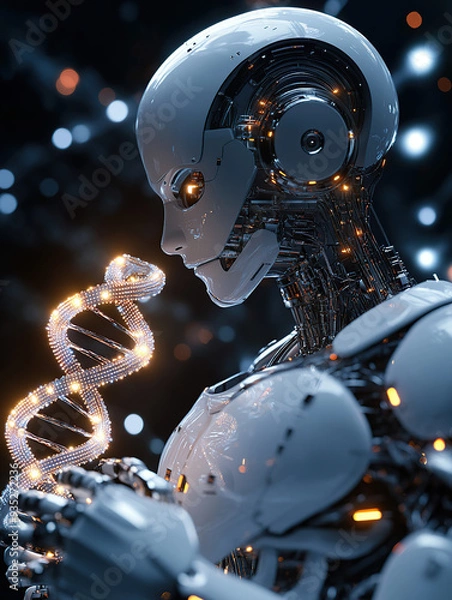 Fototapeta A humanoid robot with an advanced AI chip in its head, holding and looking at the DNA double helix