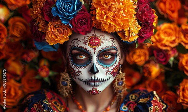 Obraz A stunning portrait of a woman celebrating Dia de los Muertos, adorned with vibrant sugar skull makeup and a floral crown. The intense gaze and colorful details highlight the cultural significance 