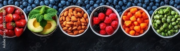 Fototapeta A vibrant array of fresh fruits and nuts arranged in bowls, highlighting healthy eating and colorful nutrition choices.