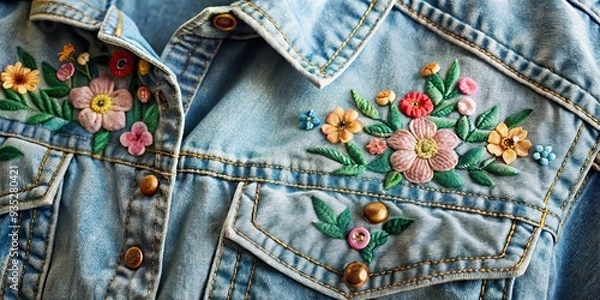 Fototapeta Retro Inspired Denim Jacket Close-Up with Embroidered Flowers and Faded Fading in Soft Pastel Hues exuding a Whimsical Nostalgic Charm