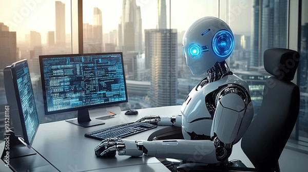 Fototapeta A white humanoid robot with glowing blue eyes sits at an office desk