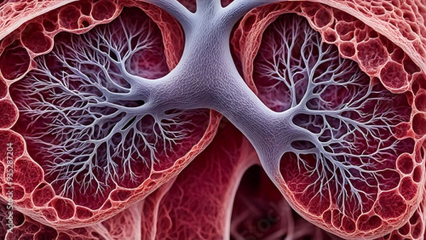 Obraz Macro shot of the alveoli in the lungs, displaying the delicate sacs and the surrounding blood vessels in high detail.