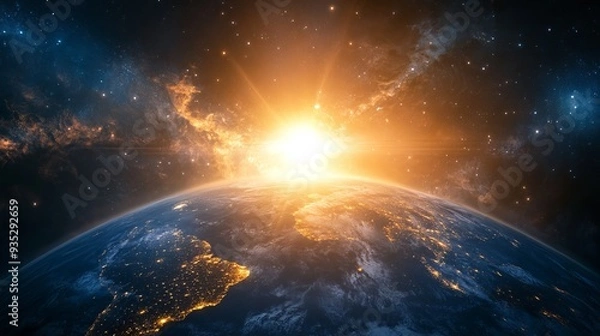 Fototapeta The globalization or communication concept visualizes the Earth illuminated by luminous rays, symbolizing the interconnectedness of our world. 