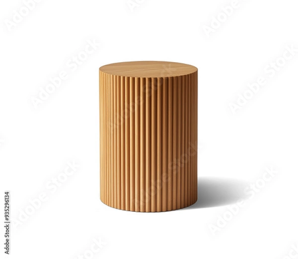 Fototapeta A cylindrical wooden side table with fluted lines on the outside, against a white background