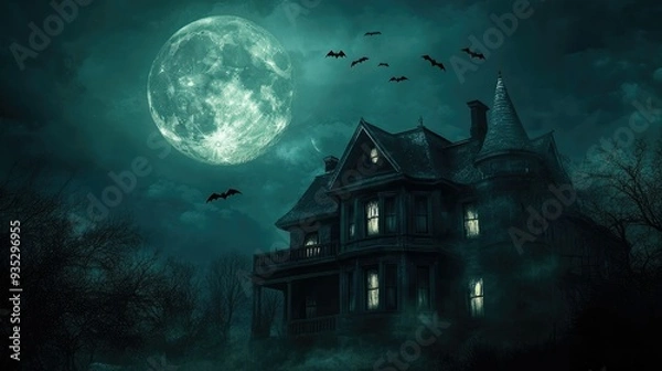 Fototapeta Full moon illuminating the night sky with a flock of bats flying above, haunted house in the background with glowing windows, eerie atmosphere.