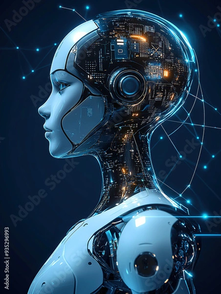 Fototapeta Artificial Intelligence and an artificial intelligence robot with digital connections