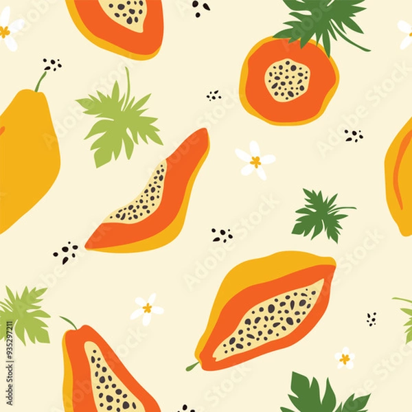 Fototapeta Papaya seamless pattern. Half papaya fruit seamless pattern. Papaya with leaf background for fabric, wrapping paper, wallpaper, textile, packaging, cover, interior, decoration, and other use.