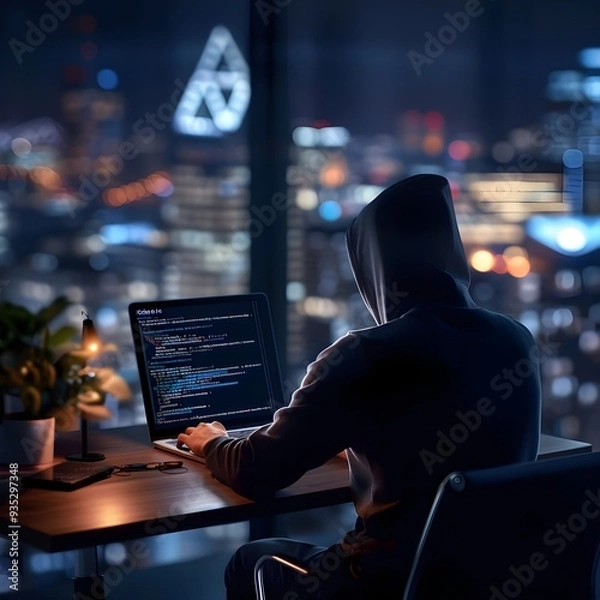 Fototapeta A cybercriminal in a Sub-Saharan city orders a Crime as a Service package from a darknet vendor, with logos from European telecommunications providers visible on his desk.