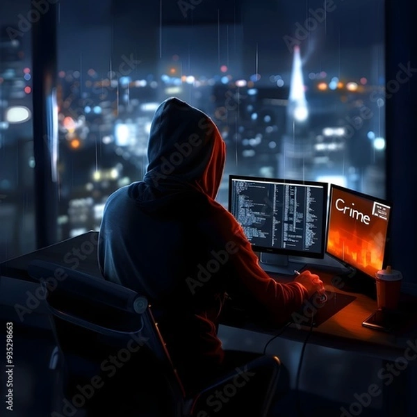 Fototapeta A cybercriminal in a Sub-Saharan city orders a Crime as a Service package from a darknet vendor, with logos from European telecommunications providers visible on his desk.