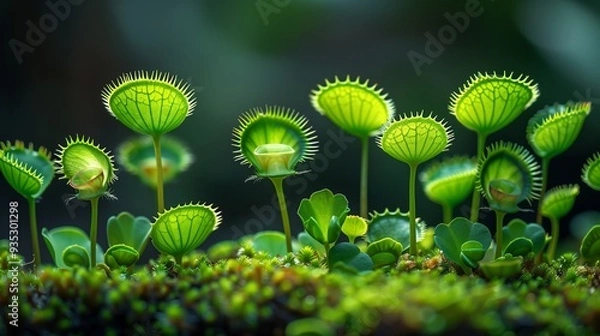 Fototapeta Vibrant Green Sundew Plants Thriving in a Lush Forest Environment at Midday