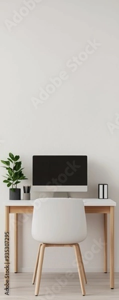 Fototapeta Modern workspace featuring a sleek computer, stylish chair, and minimalistic decor for a productive environment.