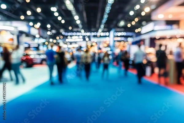 Fototapeta Blurred Background of Indoor Exhibition Hall with Visitors Exploring Pavilions Displaying Cars, Home Appliances, Tech Gadgets, and Food Items on a Blue-Carpeted Show Floor