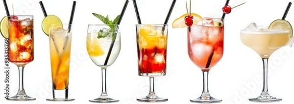 Fototapeta Six Varieties of Colorful Cocktails in Tall Glasses with Black Straws and Garnishes on a White Background, Stock Photo for Beverage and Mixology Concepts