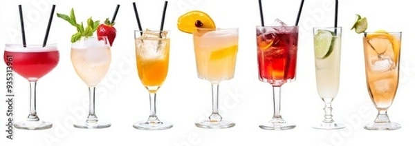 Fototapeta Six Varieties of Colorful Cocktails in Tall Glasses with Black Straws and Garnishes on a White Background, Stock Photo for Beverage and Mixology Concepts