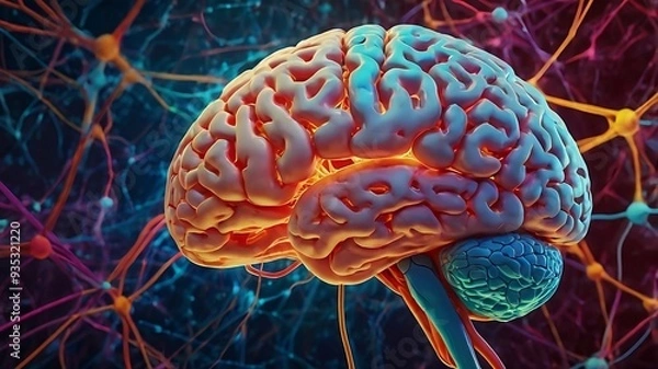 Fototapeta Digital illustration of a glowing human brain with vibrant neural pathways.