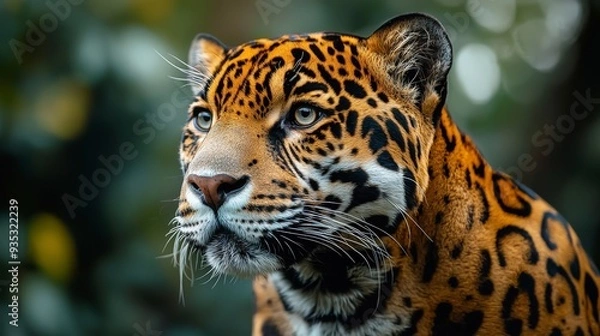 Fototapeta A close-up portrait of a jaguar with a blurred background of greenery.