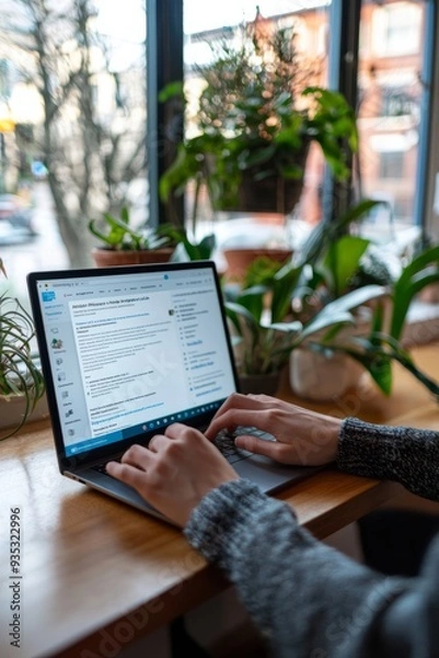 Fototapeta A person updates their LinkedIn profile, showcasing their skills and accomplishments with clear visuals and a strong summary.