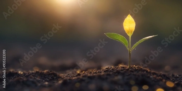 Fototapeta Close-up of fresh two-leaf plant in dark soil, against starry ni