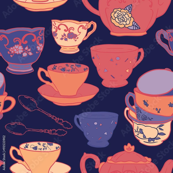 Obraz Vector seamless pattern with teapots, teacups, spoon. Retro tea background in vivid colors