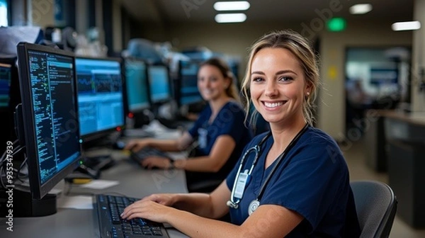 Fototapeta Hospital staff working at computers in the nurses station.