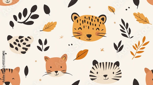 Fototapeta Minimalistic seamless pattern with animal faces and autumn leaves in warm beige and brown tones, creating a cozy and stylish design.