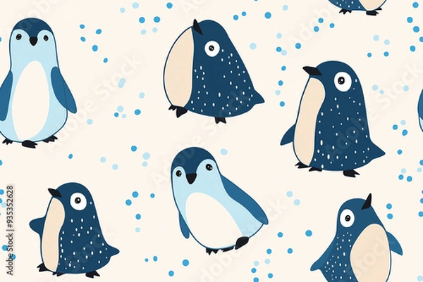Fototapeta Seamless pattern of adorable penguins with polka dots on a light background, ideal for winter-themed designs, children's products, and festive decor.