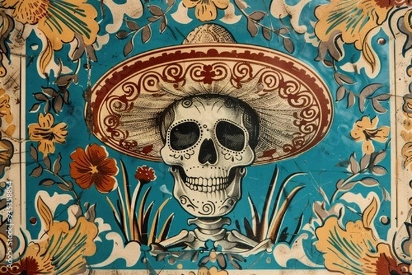 Fototapeta Vintage illustration of a skeleton wearing a sombrero, adorned with floral patterns on turquoise background. ai