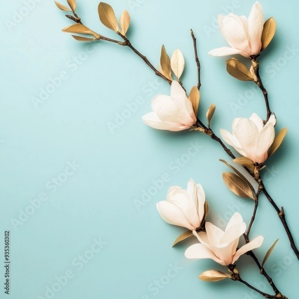 Fototapeta A delicate branch of magnolia flowers against a light blue background.