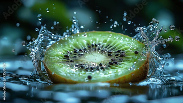 Obraz A kiwi slice mid-splash in water, with water droplets suspended around it. The bright green flesh and black seeds of the kiwi are highlighted against a simple background.