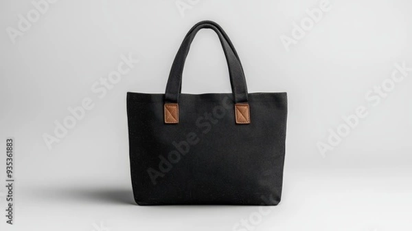 Fototapeta Black canvas tote bag mockup on a crisp white back  309 bag, handbag, fashion, leather, purse, accessory, object, personal, style, elegance, handle, shopping, brown, luxury, glamour, design, hand, iso