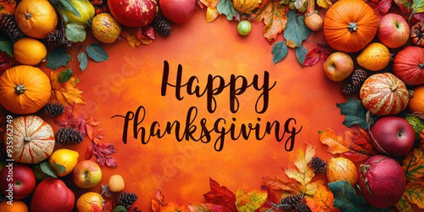 Fototapeta Pumpkins and colorful maple leaves are framing a orange background, creating a perfect space for your message. Thanksgiving day. Harvest. Flat lay, top view. Copy space. Mock up