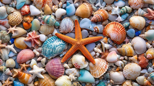 Fototapeta  A collection of colorful seashells and starfish displayed as a background. The arrangement features a variety of vibrant shells and starfish, showcasing different shapes, sizes, and colors, creating 