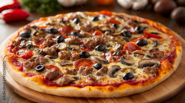 Fototapeta Savory pizza topped with melted mozzarella, juicy mushrooms, flavorful sausage, and tangy olives. Perfect for a quick and satisfying meal on the go.