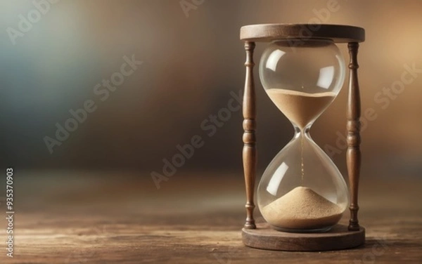 Fototapeta Hourglass on Wood Table with Sand Trickling Down, Peaceful Seren