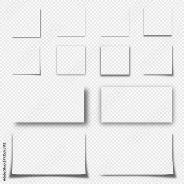 Fototapeta A set of realistic shadows for squares, rectangles, and sheets. Crisp and blurry shadows. Shadows for posters, flyers, business cards and banners on a transparent background. Vector illustrations.
