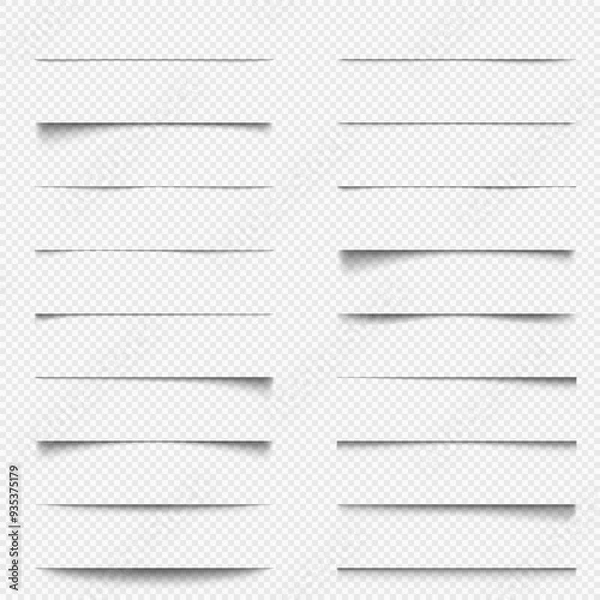 Fototapeta A set of shadows on a transparent background. Realistic soft shadows. Various shadows of the edge of the sheet. Layer separation element. Vector illustration.