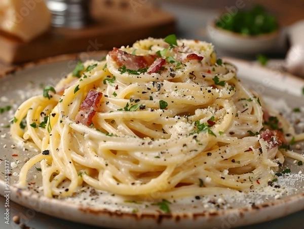 Fototapeta Delicious spaghetti carbonara topped with fresh parsley and grated cheese served on a rustic plate