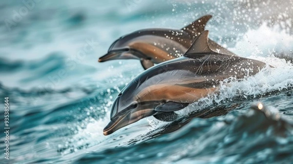 Fototapeta Two dolphins swimming together in the ocean with clear blue skies in the background