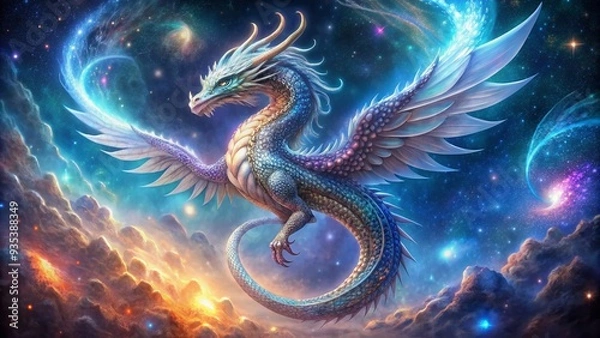 Fototapeta A majestic, glowing wyrm with iridescent scales coils around a swirling, starry galaxy, its ethereal wings outstretched amidst a backdrop of shimmering stardust.