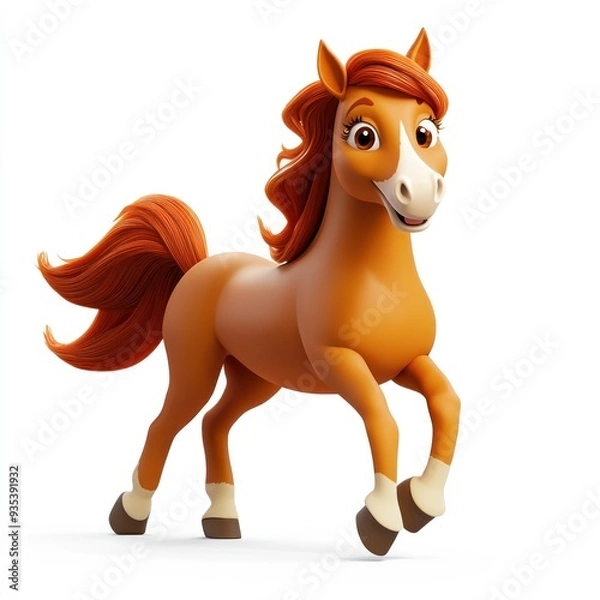 Fototapeta A cheerful cartoon horse with a flowing mane, depicted in a playful running pose.