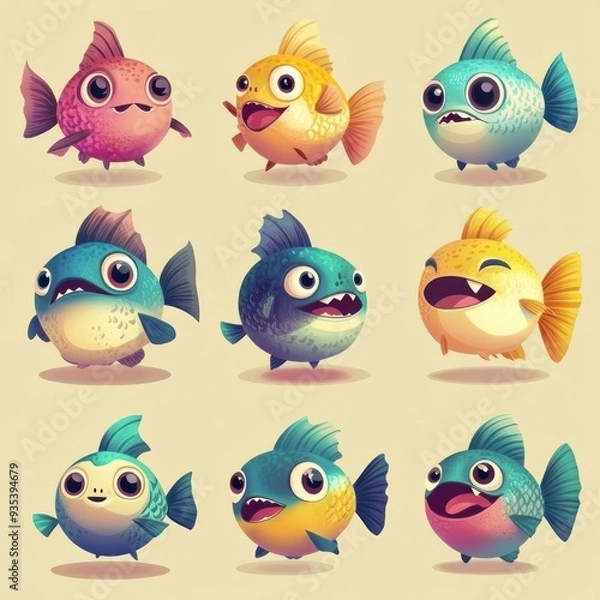Fototapeta A colorful array of cartoonish fish with various expressions and designs.