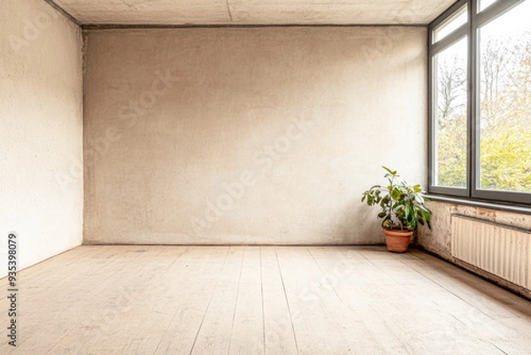 Fototapeta Empty room interiors composition in Mediterranean style with rustic elements.Interior design open space composition with no furniture.