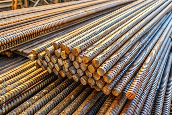 Fototapeta Steel rebar stack bundle at construction site