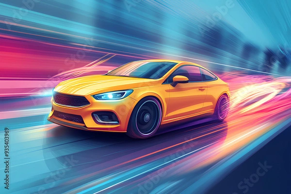 Fototapeta yellow car at high speed along the highway blur movement speed, cartoon style, vector, 3d rendering
