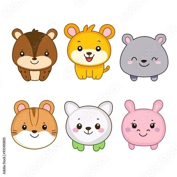 Fototapeta Six Cute Kawaii Animal Avatars on a White Background: Charming and Playful Vector Illustrations of Adorable Animals in Kawaii Style. Perfect for Profile Pictures, Digital Icons, and Fun Graphics.