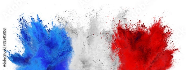 Fototapeta colorful flag of france with blue white and red color holi paint powder explosion isolated on white background. french tricolore national europe travel and tourism concept.