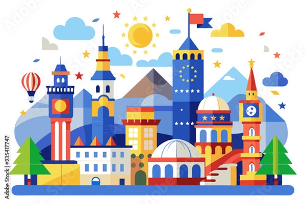 Fototapeta A Colorful Illustration of a European Cityscape with Buildings, a Hot Air Balloon, and a Sun with Stars