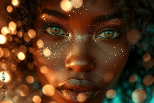 Obraz Close up portrait of glamorous black woman with shimmering glitter makeup and vibrant bokeh background, capturing her captivating gaze, evoking a sense of allure and confidence