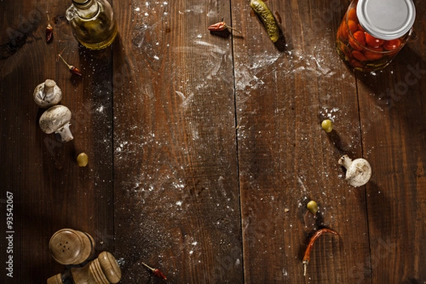 Obraz top view of after baked pizza served on wooden table